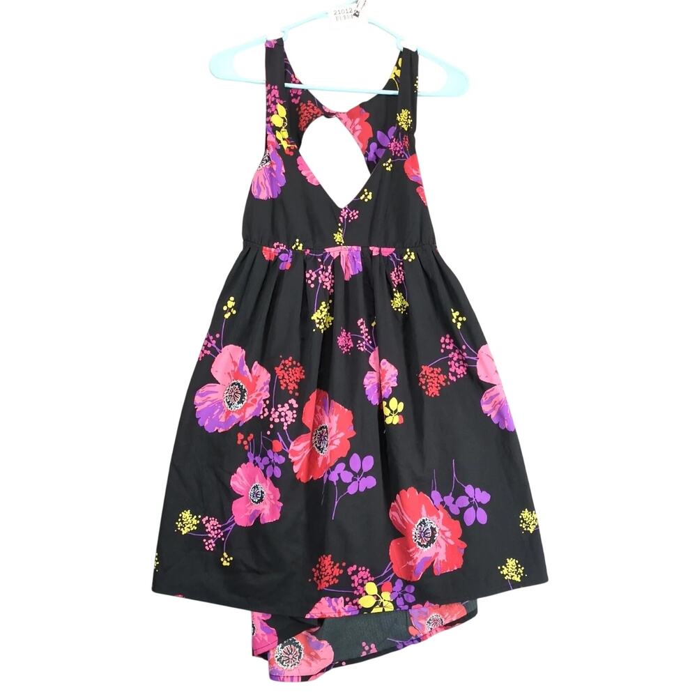 Roxy Love Seeker Black Floral Tank Babydoll Hi-Low Mini Dress Sz L Open Back Y2K